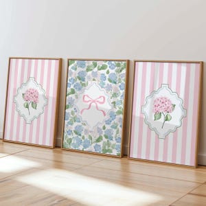 Hortensien 3er-Set Drucke rosa Schleife druckbar kokett Mädchen Kinderzimmer Wandkunst großartiges Millennial Poster rosa blau grün niedlich Studentenwohnheim Kunst