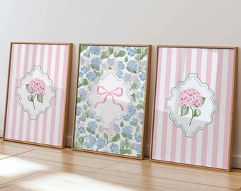 Hydrangea Set of 3 Prints Pink Bow Printable Coquette Girls Nursery Wall Art Grand Millennial Poster Pink Blue Green Cute College Dorm Art
