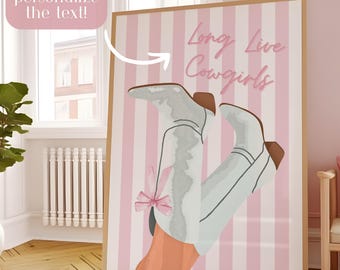 Personalized Pink Bow Cowgirl Boots Wall Art Coquette Cowgirl Soft Western Dorm Decor Preppy Girls Bedroom Print Cowgirl Quote Custom Name