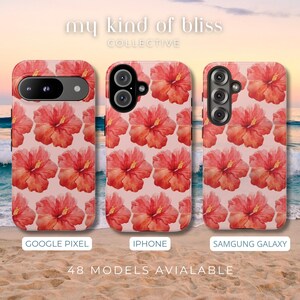 This phone case features a tropical collage pattern of red watercolour hibiscus flowers on a soft pink background. Perfect for coconut girls and beach lovers. Available for iPhone, Samsung and Pixel Phones.