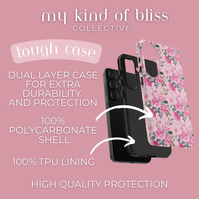 Pu&ograve; includere: Una custodia per telefono a doppio strato con motivo floreale rosa su guscio in policarbonato e rivestimento in TPU nero. Il testo recita: my kind of bliss COLLECTIVE, tough case, DUAL LAYER CASE FOR EXTRA DURABILITY AND PROTECTION, 100% POLYCARBONATE SHELL, 100% TPU LINING, HIGH QUALITY PROTECTION.