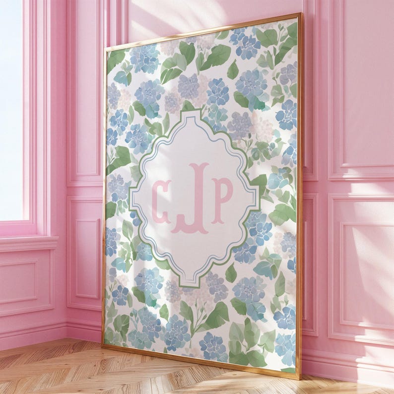 Custom hydrangea monogram wall print personalized with initials for preppy bedroom nursery or feminine home decor