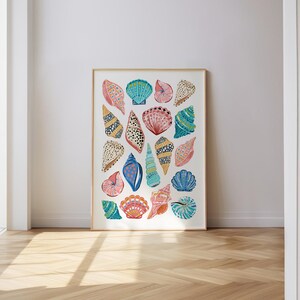 Featured here is my Colorful Seashell Digital Print. It features a collage of colourful hand illustrated seashells with bold patterns on a white background. Perfect for coconut girls, beach lovers, bar carts, kitchens, dorms, bedrooms, roommate gifts
