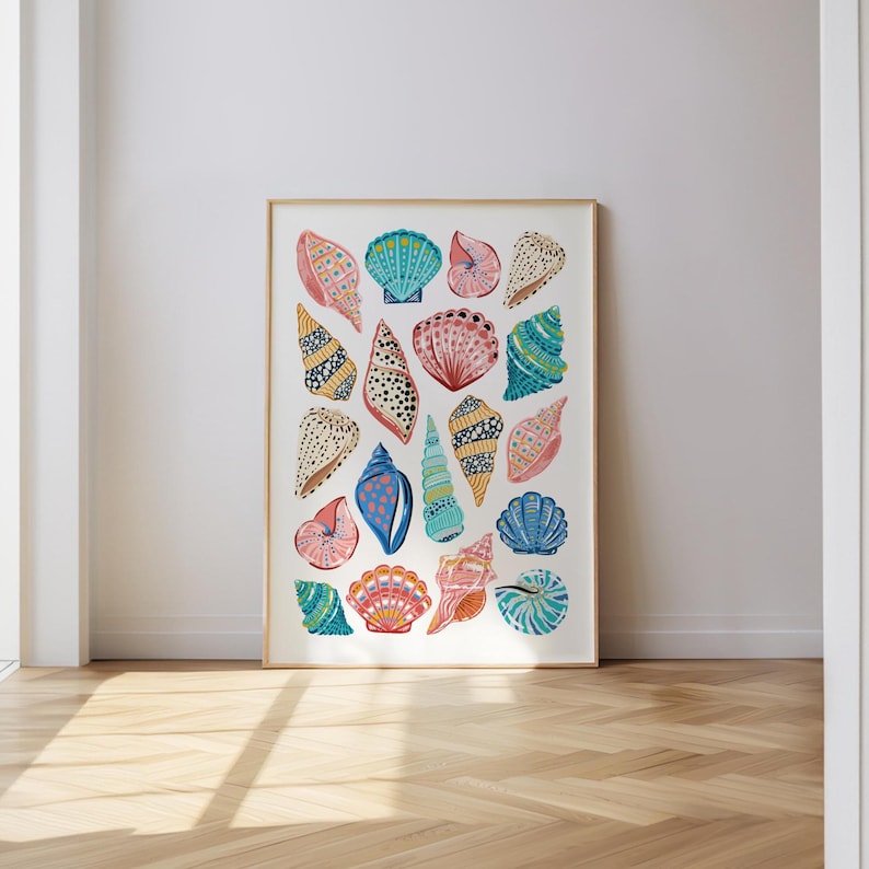 Featured here is my Colorful Seashell Digital Print. It features a collage of colourful hand illustrated seashells with bold patterns on a white background. Perfect for coconut girls, beach lovers, bar carts, kitchens, dorms, bedrooms, roommate gifts