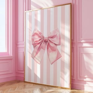 May include: A pink bow with a white and pink striped background. The bow is centered on the canvas and is the focal point of the image.