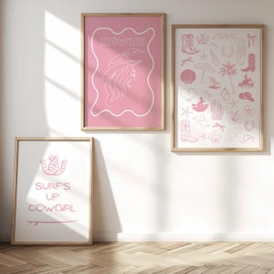 Pink Coastal Cowgirl Print Set of 3 Cute Girly Surf Poster Surfboard Wall Art Beachy Room Decor Cowgirl Boot Printable Art Preppy Dorm Decor