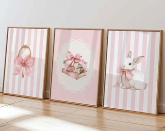 Baby Girl Nursery Wall Art Set of 3, Pink Bow Nursery Prints, Bunny Nursery Decor, Coquette Baby Room Decor, Feminine Nursery Wall Art Blush