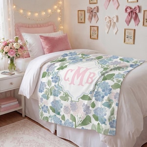 Personalized Pink Hydrangea Throw Blanket Dorm Room Decor Custom 3 Letter Monogram College Gift Grandmillennial Hamptons Coastal Bedding