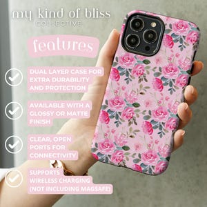 Pu&ograve; includere: Una custodia per telefono a doppio strato con sfondo rosa e un motivo ripetuto di rose rosa e foglie verdi. La custodia include testo che elenca caratteristiche come durata, opzioni di finitura, accesso alle porte e supporto per la ricarica wireless.