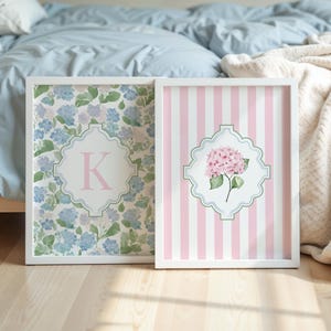 Hydrangea Print Set of 2 Custom Letter Wall Art Grand Millennial Printable Girl Nursery Monogram Personalized Bedroom Poster Pink Blue Green