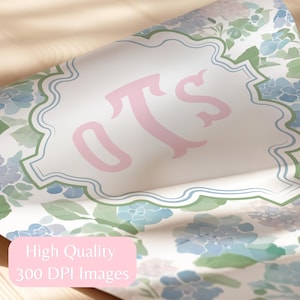 Close up of blue hydrangea floral monogram printable wall art with traditional 3 letter custom initials