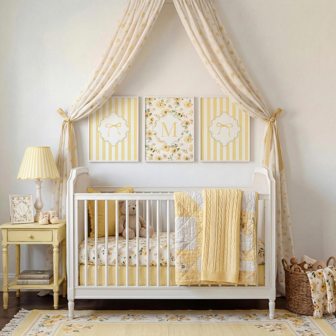 Butter Yellow Baby Girl Nursery Wall Art Set of 3 Personalized Floral ...