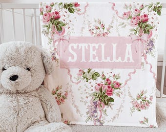 Personalized Baby Girl Blanket Floral Coquette Bow Blanket Custom Name Minky Blanket Baby Shower Gift Newborn Girl Nursery Gift Whimsical