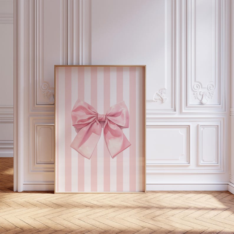 My cute coquette pink bow print. The bow has a watercolour look to it. This print has white and pink stripes in the background with a large pink bow in front. Perfect for a nursery, bedroom, dorm room, apartment or a gift for a bff, daughter, sister.
