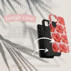 This phone case features a tropical collage pattern of red watercolour hibiscus flowers on a soft pink background. Perfect for coconut girls and beach lovers. Available for iPhone, Samsung and Pixel Phones.