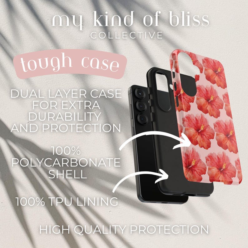This phone case features a tropical collage pattern of red watercolour hibiscus flowers on a soft pink background. Perfect for coconut girls and beach lovers. Available for iPhone, Samsung and Pixel Phones.