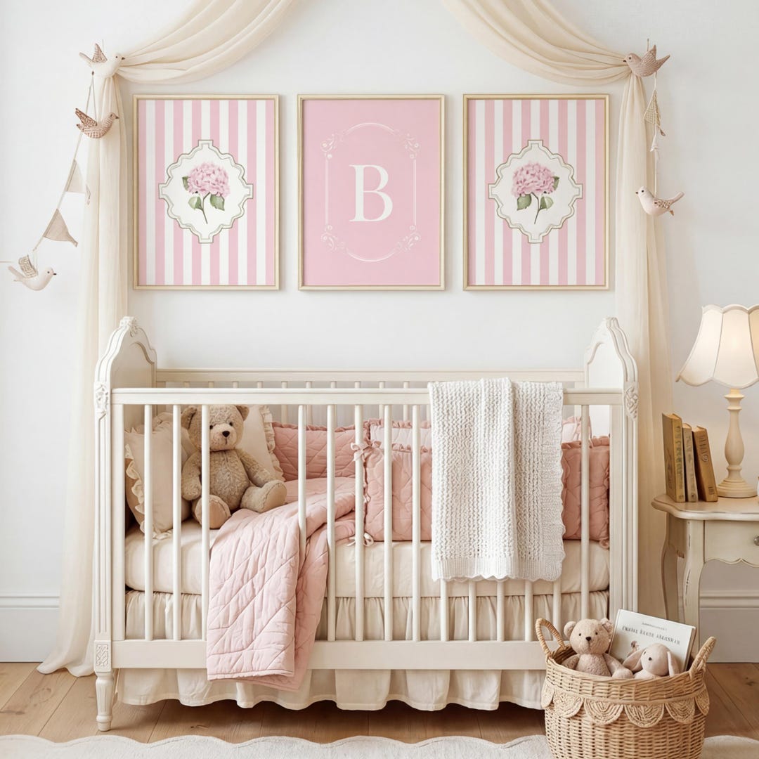 Pink Hydrangea Nursery Wall Art Set of 3 Custom Initial Monogram Prints ...