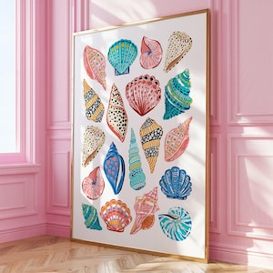 Plażowa sztuka ścienna, nadruk muszli, dziewczyna z kokosa, modny plakat w akademiku, dziewczęce, eleganckie rzeczy, grafika na wózku barowym, dekoracja muszli, prezent dla miłośnika plaży, syrenka