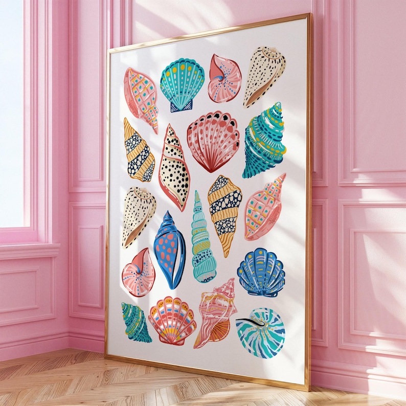 Featured here is my Colorful Seashell Digital Print. It features a collage of colourful hand illustrated seashells with bold patterns on a white background. Perfect for coconut girls, beach lovers, bar carts, kitchens, dorms, bedrooms, roommate gifts