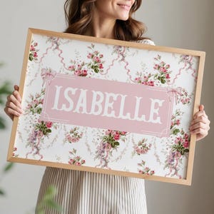 Floral Custom Name Print Grand Millennial Girly Coquette Roses Art Monogram Printable Ribbons Bows Personalized Nursery Poster Chinoiserie