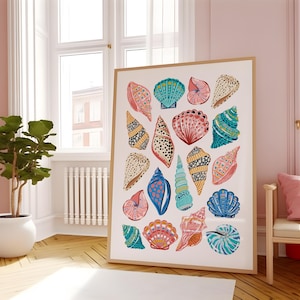 Wydruk muszli plażowej, słodkiej sztuki ściennej, dziewczyna z kokosa, plakat w akademiku, dziewczęcy wózek barowy, dzieło sztuki, dekoracja muszli, prezent dla miłośnika plaży, kolorowa sztuka oceanu
