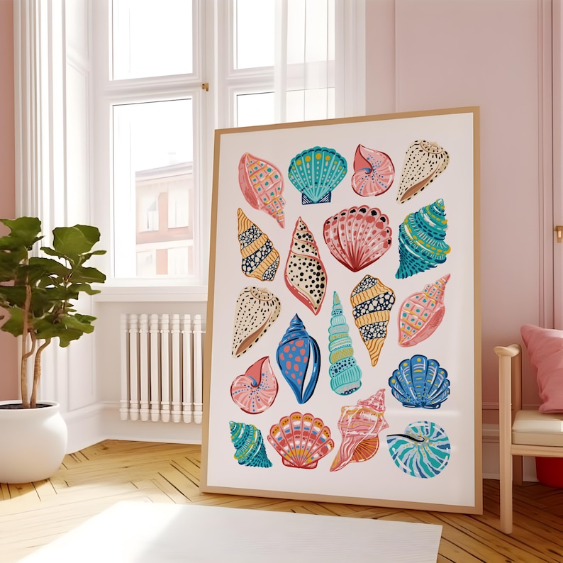Featured here is my Colorful Seashell Digital Print. It features a collage of colourful hand illustrated seashells with bold patterns on a white background. Perfect for coconut girls, beach lovers, bar carts, kitchens, dorms, bedrooms, roommate gifts