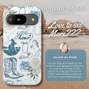 Coastal Coquette Cowgirl Phone Case. Featuring a collage of western inspired elements in shades of white and blue, mixed with some coquette style bows and flowers. The background is white and the colour palette is coastal and calm. For iPhone, Samsung & Pixel