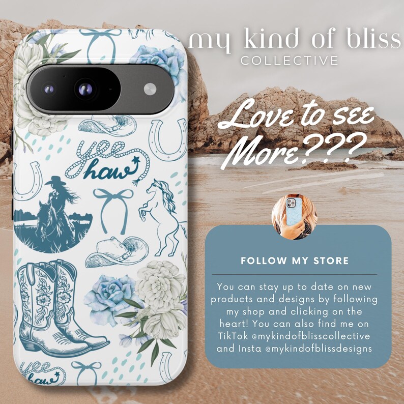 Coastal Coquette Cowgirl Phone Case. Featuring a collage of western inspired elements in shades of white and blue, mixed with some coquette style bows and flowers. The background is white and the colour palette is coastal and calm. For iPhone, Samsung & Pixel