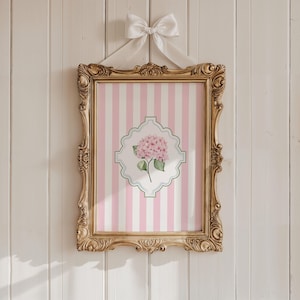 Grandmillennial hydrangea floral monogram wall art in vintage ornate frame personalized printable room decor