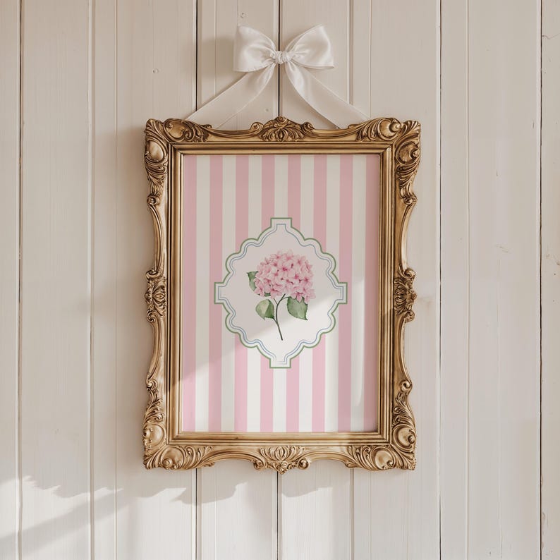 Grandmillennial hydrangea floral monogram wall art in vintage ornate frame personalized printable room decor