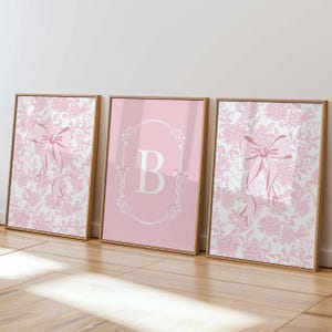 Pink Toile Bow Custom Letter Print Set of 3 Printable Chinoiserie Monogram Coquette Girls Nursery Art Grand Millennial Art Floral Hydrangeas