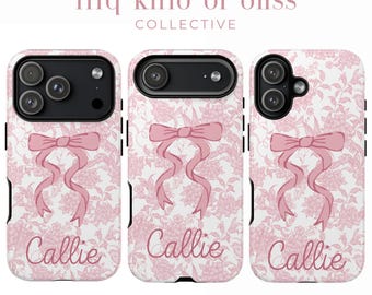 Pink Toile Bow Name Phone Case for iPhone Vintage Florals Girly Coquette Style Tough Case Personalized Protective Cover Customized Name Cell