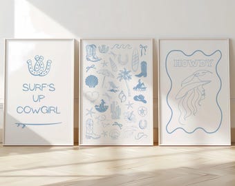 Coastal Cowgirl Print Set Beachy Western Dorm Decor Surf Cowgirl Wall Art Teen Girl Bedroom College Room Printable Preppy Coastal Poster