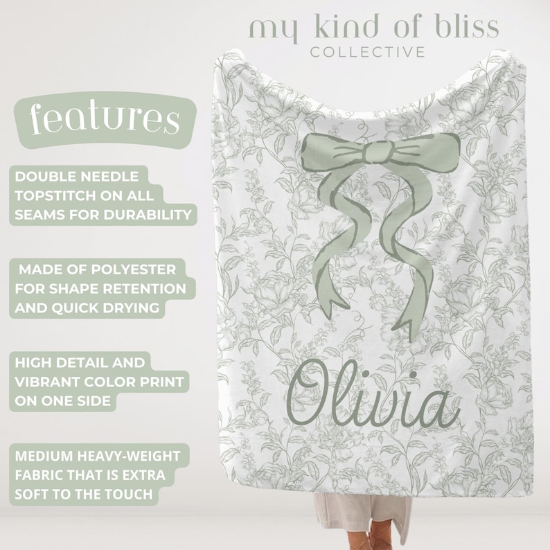 My Personalized Sage Green Bow Toile Name Blanket features a classic olive toile print with delicate flowers and birds on a crisp white background, topped with a big coquette-style bow and your custom name in an elegant script below. Soft feminine and beautifully detailed, it’s perfect for babies, kids, teens and adults. Great for sleepover favors, hospital or coming-home blankets, announcement photos, dorm rooms, teen bedrooms, Christmas, birthdays, sisters, newborn keepsakes and new parents