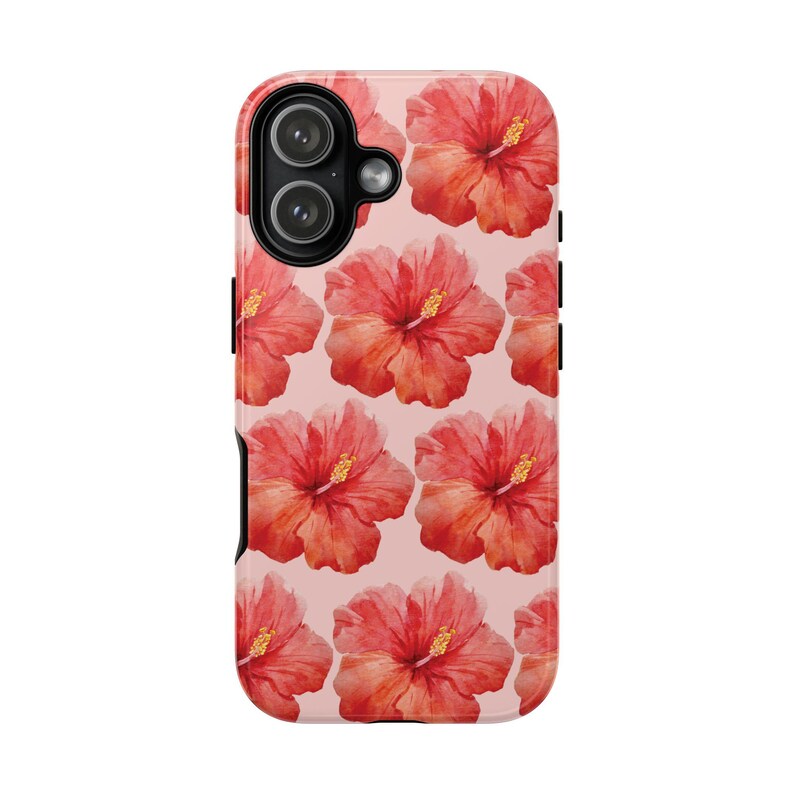 This phone case features a tropical collage pattern of red watercolour hibiscus flowers on a soft pink background. Perfect for coconut girls and beach lovers. Available for iPhone, Samsung and Pixel Phones. Summer Phone Case. iPhone 17 Protective Case, Girly Holiday Phone Case