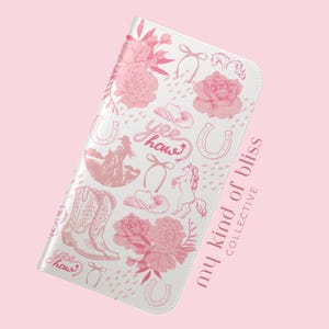 Funda para iPhone con billetera de vaquera coqueta, funda para teléfono con lazo rosa, funda para teléfono estilo western, collage, linda funda floral preppy para iPhone 16, 15, 14, 13, 12, Samsung 22, 21