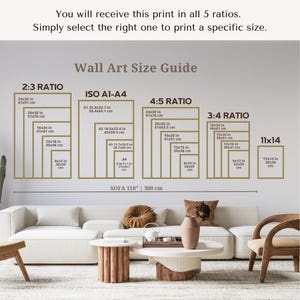 Puede incluir: Una gu&iacute;a de tama&ntilde;o de arte de pared con cinco proporciones diferentes: 2:3, ISO A1-A4, 4:5, 3:4 y 11x14. La gu&iacute;a muestra las dimensiones de cada proporci&oacute;n en pulgadas y cent&iacute;metros. El texto "SOFA 118" 300 cm" est&aacute; en la parte inferior de la gu&iacute;a.