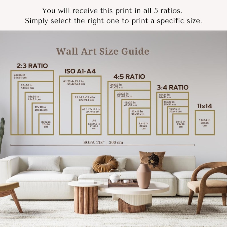 Puede incluir: Una gu&iacute;a de tama&ntilde;o de arte de pared con cinco proporciones diferentes: 2:3, ISO A1-A4, 4:5, 3:4 y 11x14. La gu&iacute;a muestra las dimensiones de cada proporci&oacute;n en pulgadas y cent&iacute;metros. El texto "SOFA 118" 300 cm" est&aacute; en la parte inferior de la gu&iacute;a.
