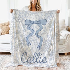 Personalized Bow Blanket Blue Toile Girl Name Blanket Floral Chinoiserie Custom Blanket Customized College Move In Gift Grandmillennial Dorm