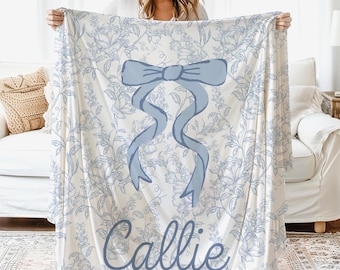 Personalized Bow Blanket Blue Toile Girl Name Blanket Floral Chinoiserie Custom Blanket Customized College Move In Gift Grandmillennial Dorm