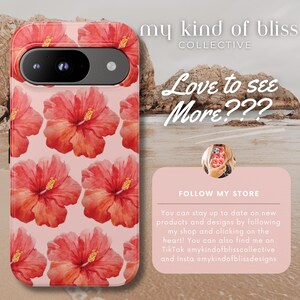 This phone case features a tropical collage pattern of red watercolour hibiscus flowers on a soft pink background. Perfect for coconut girls and beach lovers. Available for iPhone, Samsung and Pixel Phones.