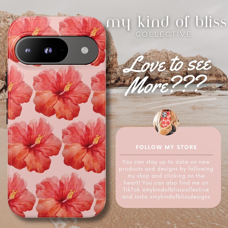 This phone case features a tropical collage pattern of red watercolour hibiscus flowers on a soft pink background. Perfect for coconut girls and beach lovers. Available for iPhone, Samsung and Pixel Phones.