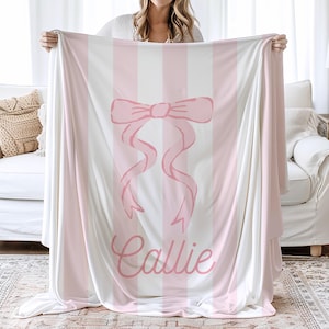 Personalized Pink Bow Name Blanket Coquette Room Decor Preppy College Dorm Room Throw Baby Shower Gift Custom Nursery Decor Daughter Gift