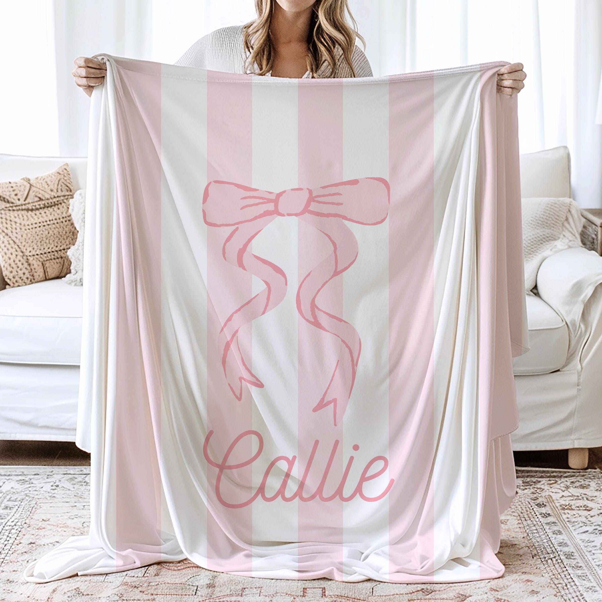 Personalized Pink Bow Name Blanket Coquette Room Decor Preppy College Dorm Room Throw Baby Shower Gift Custom Nursery Decor Daughter Gift