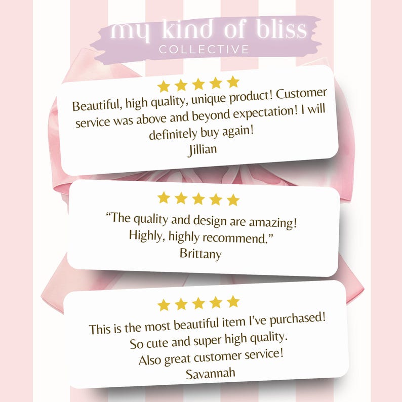 Puede incluir: Tres rese&ntilde;as de clientes con cinco estrellas para un producto de la empresa "my kind of bliss COLLECTIVE". Las rese&ntilde;as destacan la calidad, el dise&ntilde;o y el servicio al cliente del producto.
