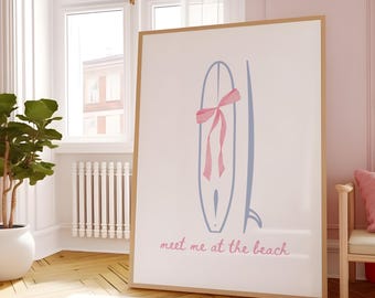 Meet Me at the Beach Surf Poster Girly Surfboard Wall Art Coastal Coquette Room Decor Beachy Prints Preppy Bow Dorm Artwork Light Blue Pink