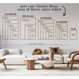 Op de afbeelding: Een maattabel met verschillende afdrukverhoudingen, waaronder 2:3, ISO A1-A4, 4:5, 3:4 en 11x14 met afmetingen in inches en centimeters. De tekst luidt, you can choose from any of these sizes/ratios, boven een bank van 300 cm breed.