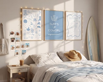 Coastal Cowgirl Wall Art Set Beachy Western Decor Surf Cowgirl Prints Dorm Room Decor for Girls Blue Aesthetic Bedroom Teen Girl Gift