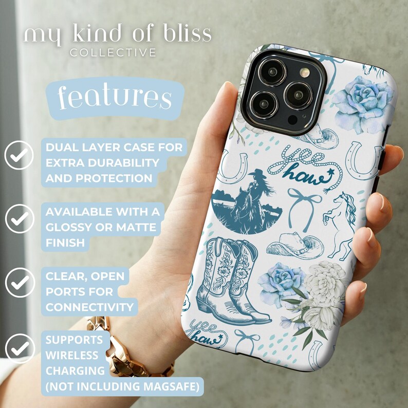 Coastal Coquette Cowgirl Phone Case. Featuring a collage of western inspired elements in shades of white and blue, mixed with some coquette style bows and flowers. The background is white and the colour palette is coastal and calm. For iPhone, Samsung & Pixel