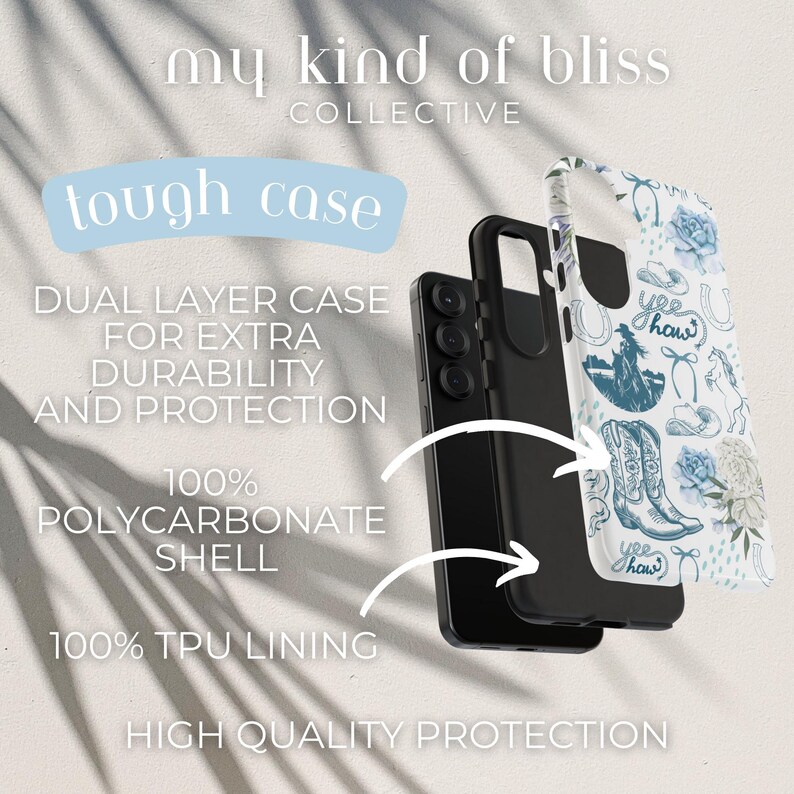 Coastal Coquette Cowgirl Phone Case. Featuring a collage of western inspired elements in shades of white and blue, mixed with some coquette style bows and flowers. The background is white and the colour palette is coastal and calm. For iPhone, Samsung & Pixel